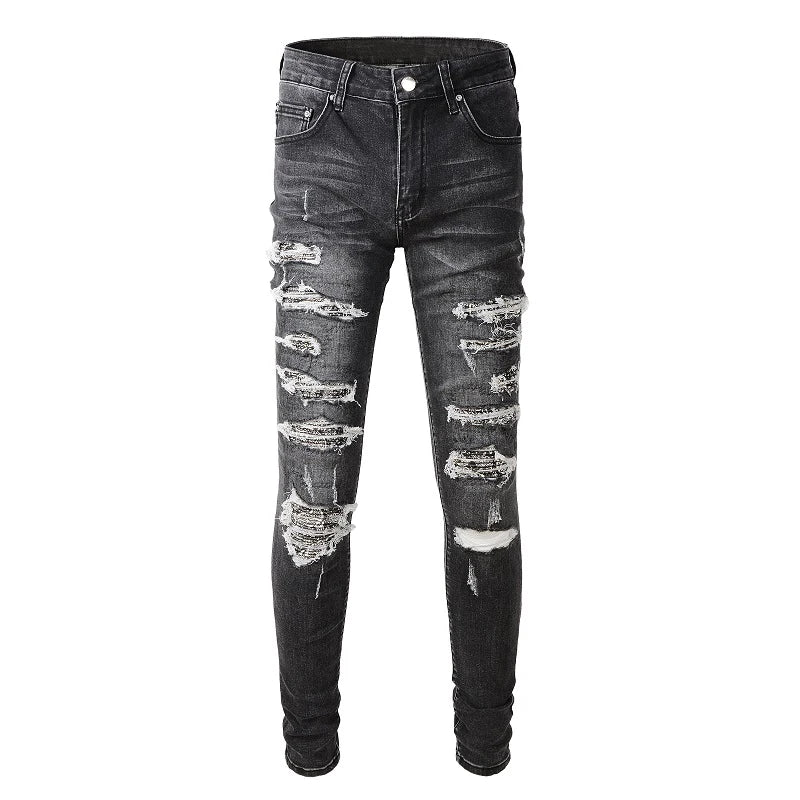 Gray Bandana Patchwork Skinny Jeans