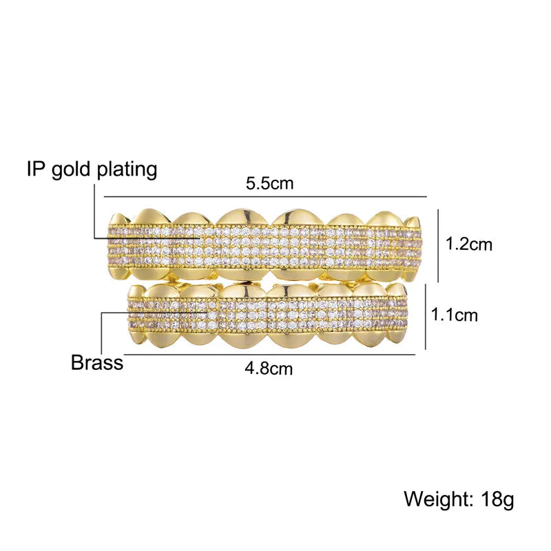 D&Z New CZ Stone Teeth Grillz Top & Bottom Grills Brass Material Teeth Caps Cosplay Party Rapper Hip Hop Jewelry