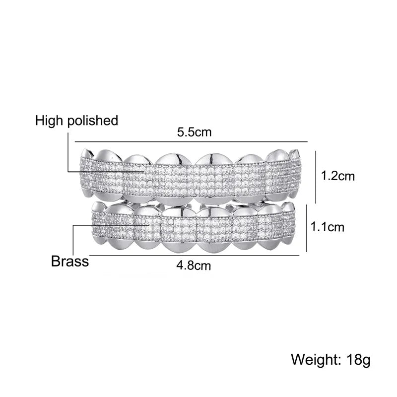 D&Z New CZ Stone Teeth Grillz Top & Bottom Grills Brass Material Teeth Caps Cosplay Party Rapper Hip Hop Jewelry