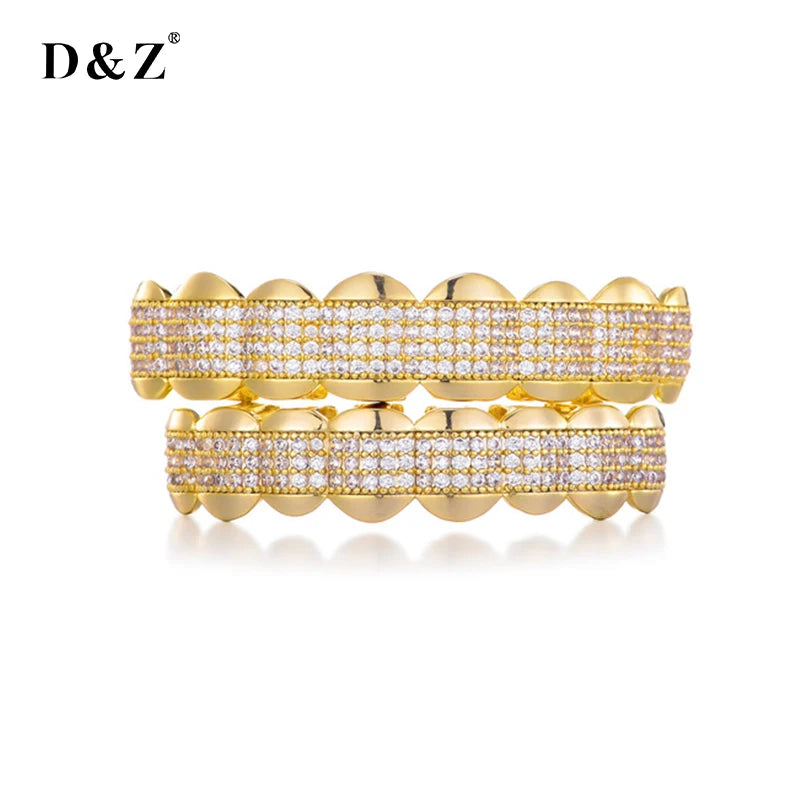 D&Z New CZ Stone Teeth Grillz Top & Bottom Grills Brass Material Teeth Caps Cosplay Party Rapper Hip Hop Jewelry