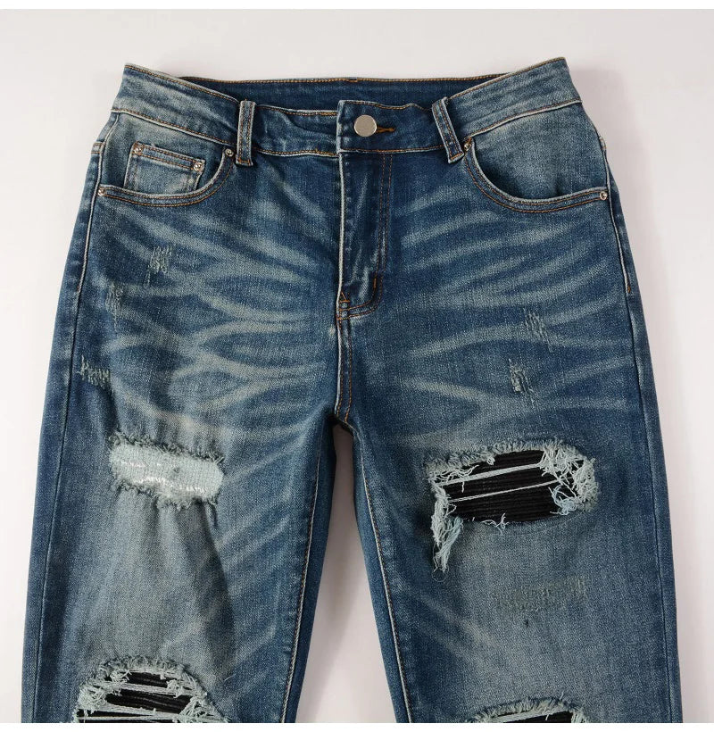 Black Leather Patchwork Dark Blue Skinny Jeans