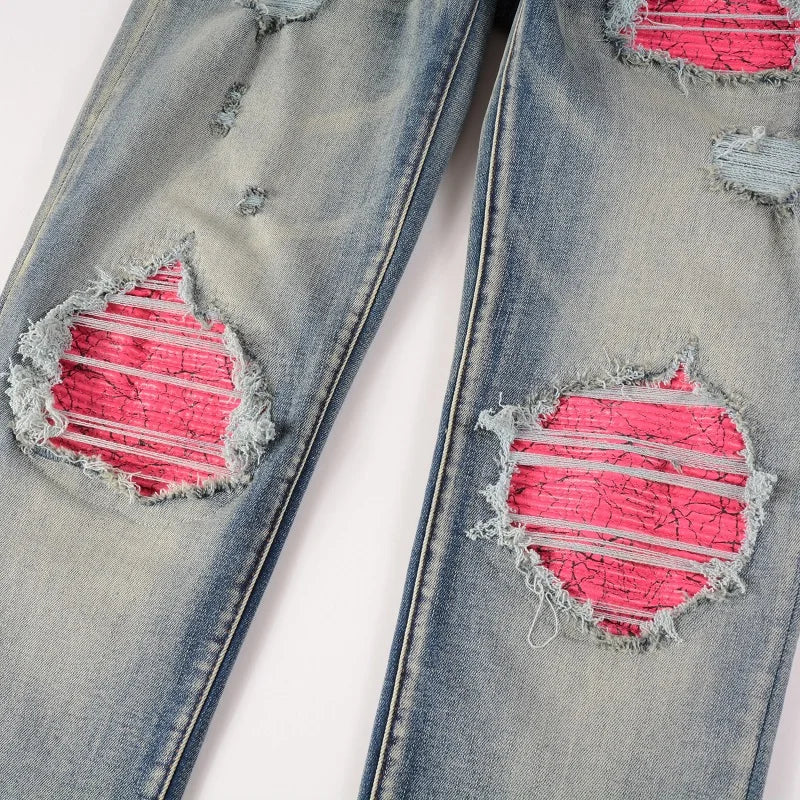 Pink Leather Patchwork Vintage Blue Skinny Jeans