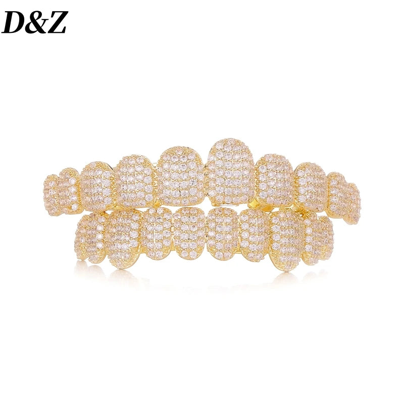 D&Z Hip Pop Bling Cubic Zircon Teeth Grillz Set For Unisex Top Bottom Mouth Removable Dental Gold Silver Color Fashion Jewelry