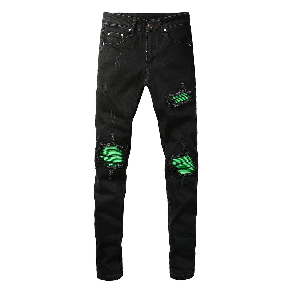 Neon Green Leather Patchwork Skinny Jeans