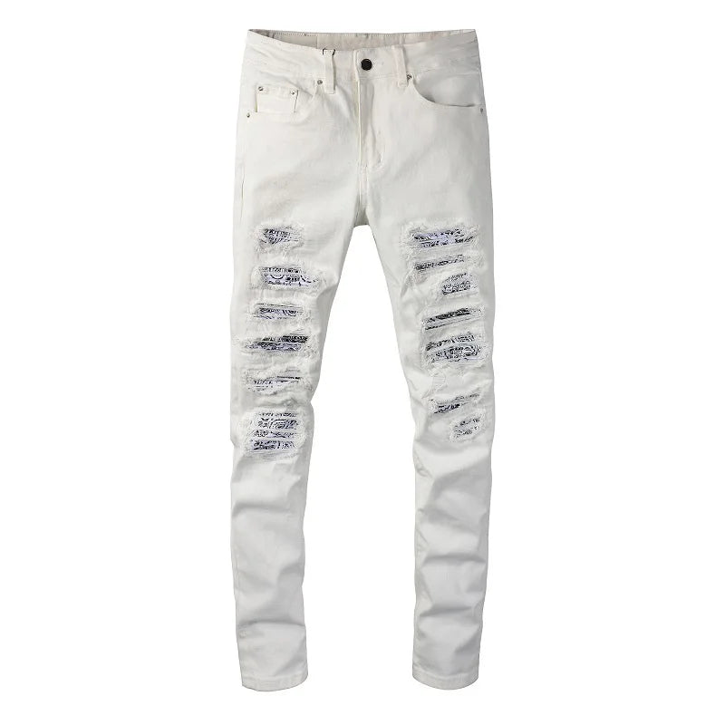 White Bandana Patchwork Slim Fit Jeans