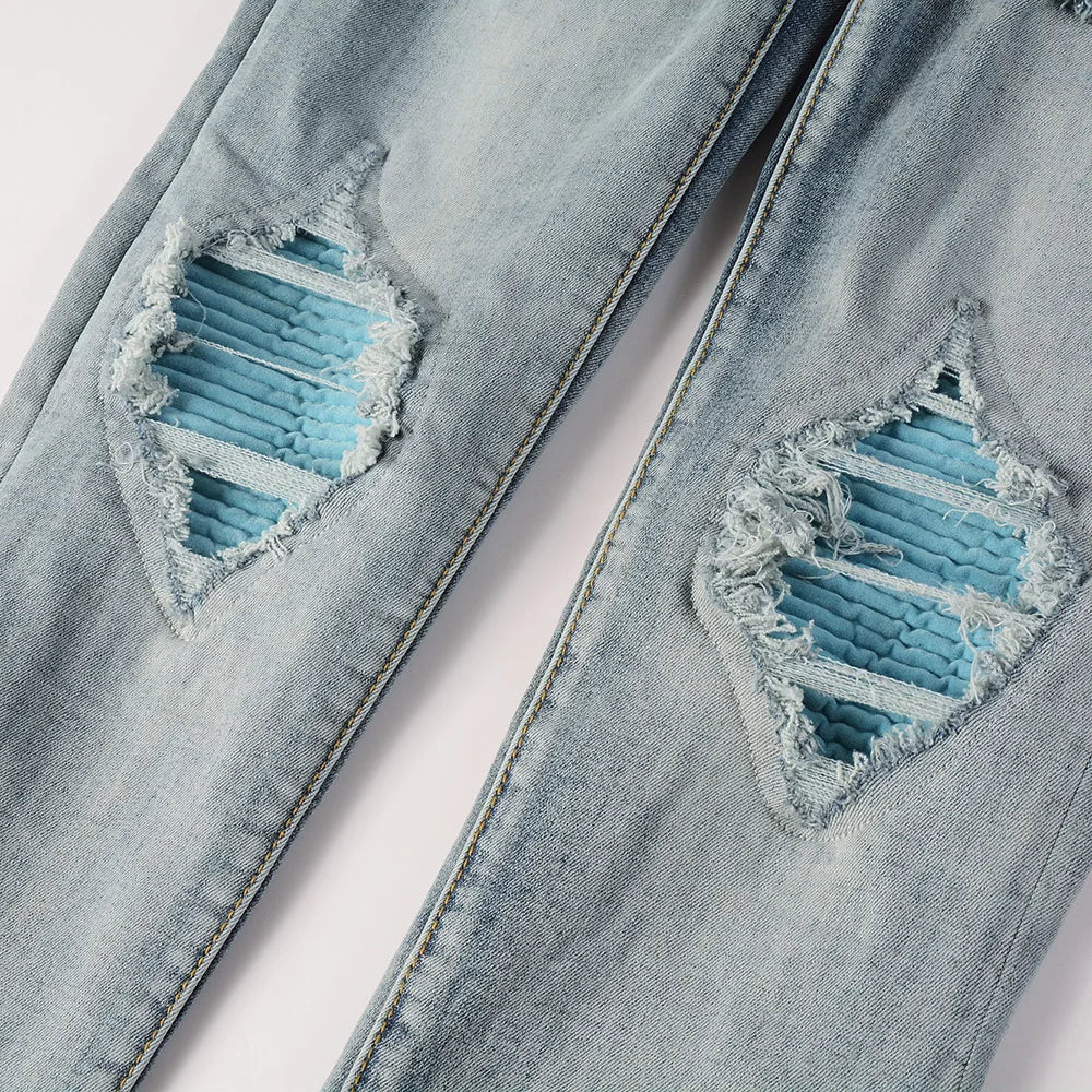 Sky Blue Patchwork Skinny Jeans