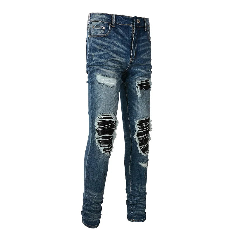 Black Leather Patchwork Dark Blue Skinny Jeans