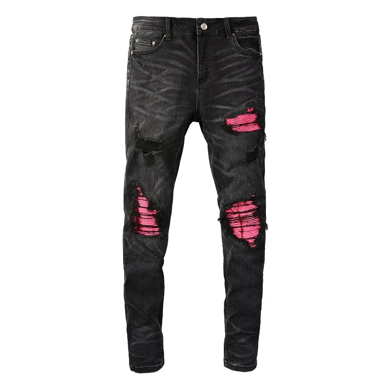 Pink Leather Patchwork Black Skinny Jeans