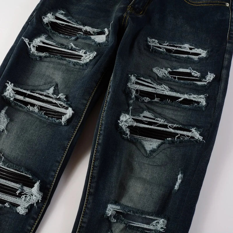 Dark Blue Ripped & Repaired Leather Skinny Jeans