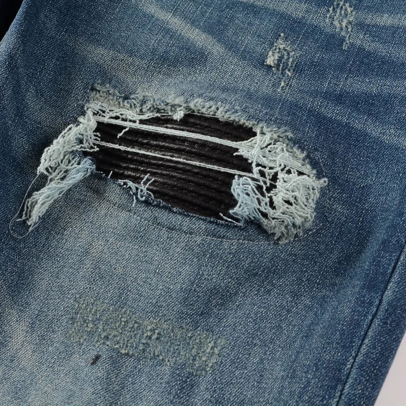 Black Leather Patchwork Dark Blue Skinny Jeans