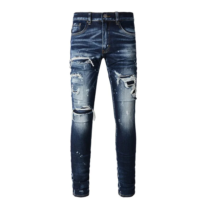 Blue Ripped & Repaired Skinny Jeans