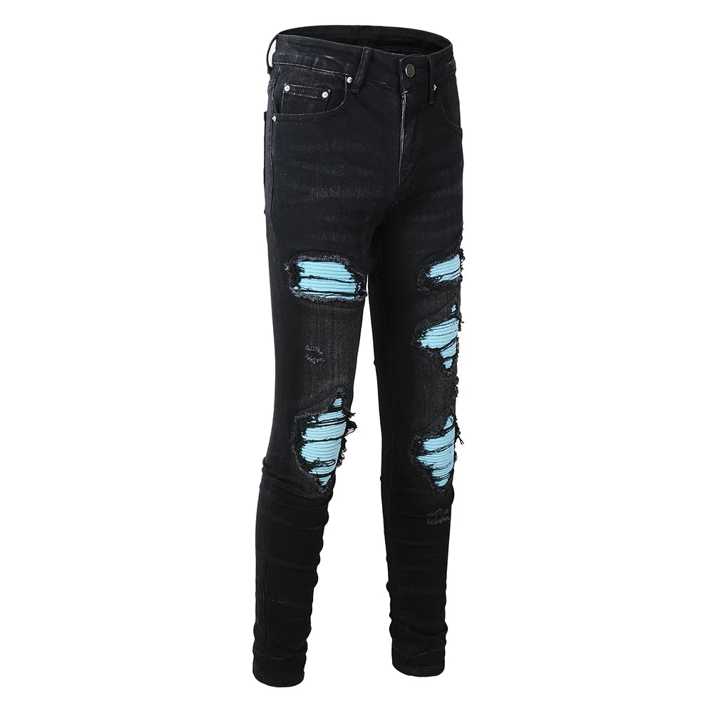 Ice Blue Patchwork Skinny Jeans