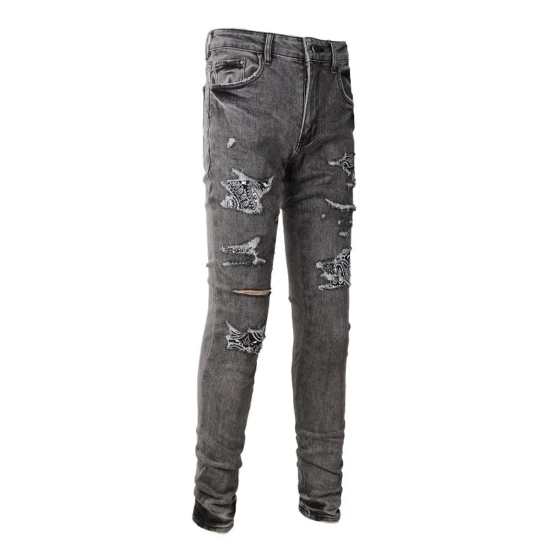 Black Bandana Patchwork Gray Skinny Jeans