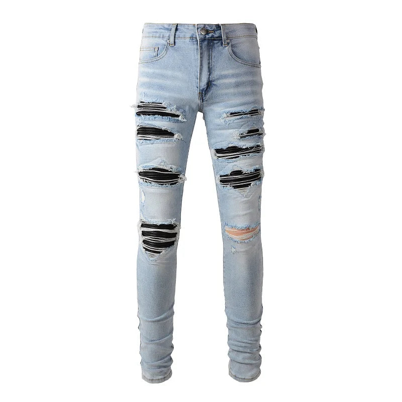 Black Leather Patchwork Light Blue Skinny Jeans