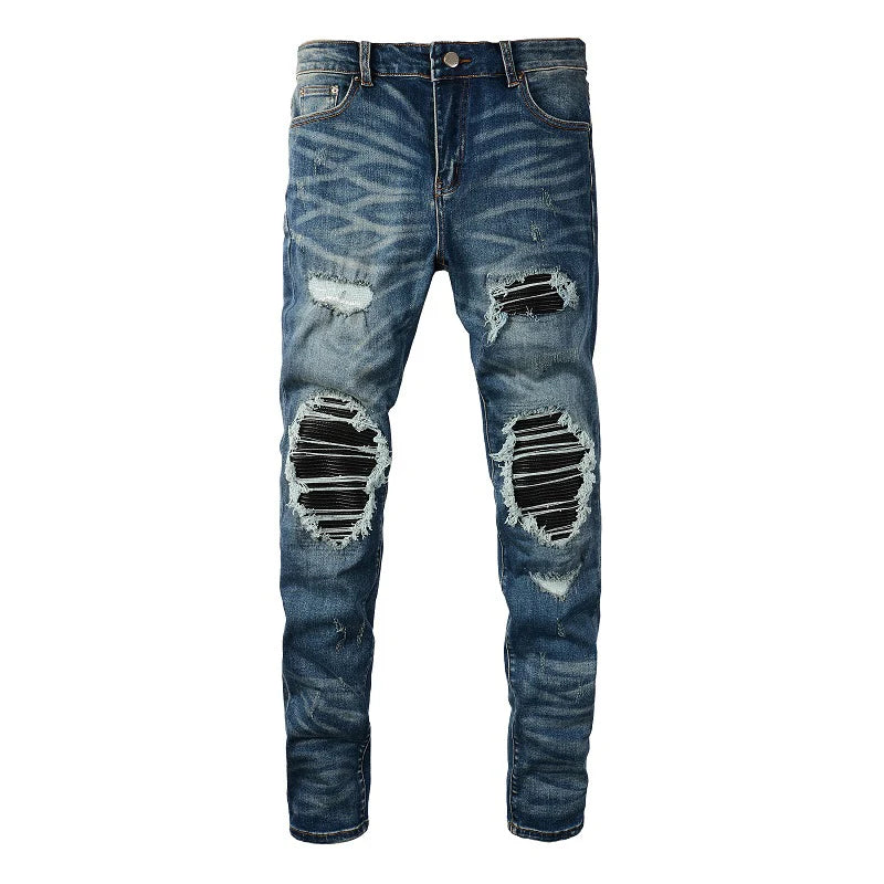 Black Leather Patchwork Dark Blue Skinny Jeans