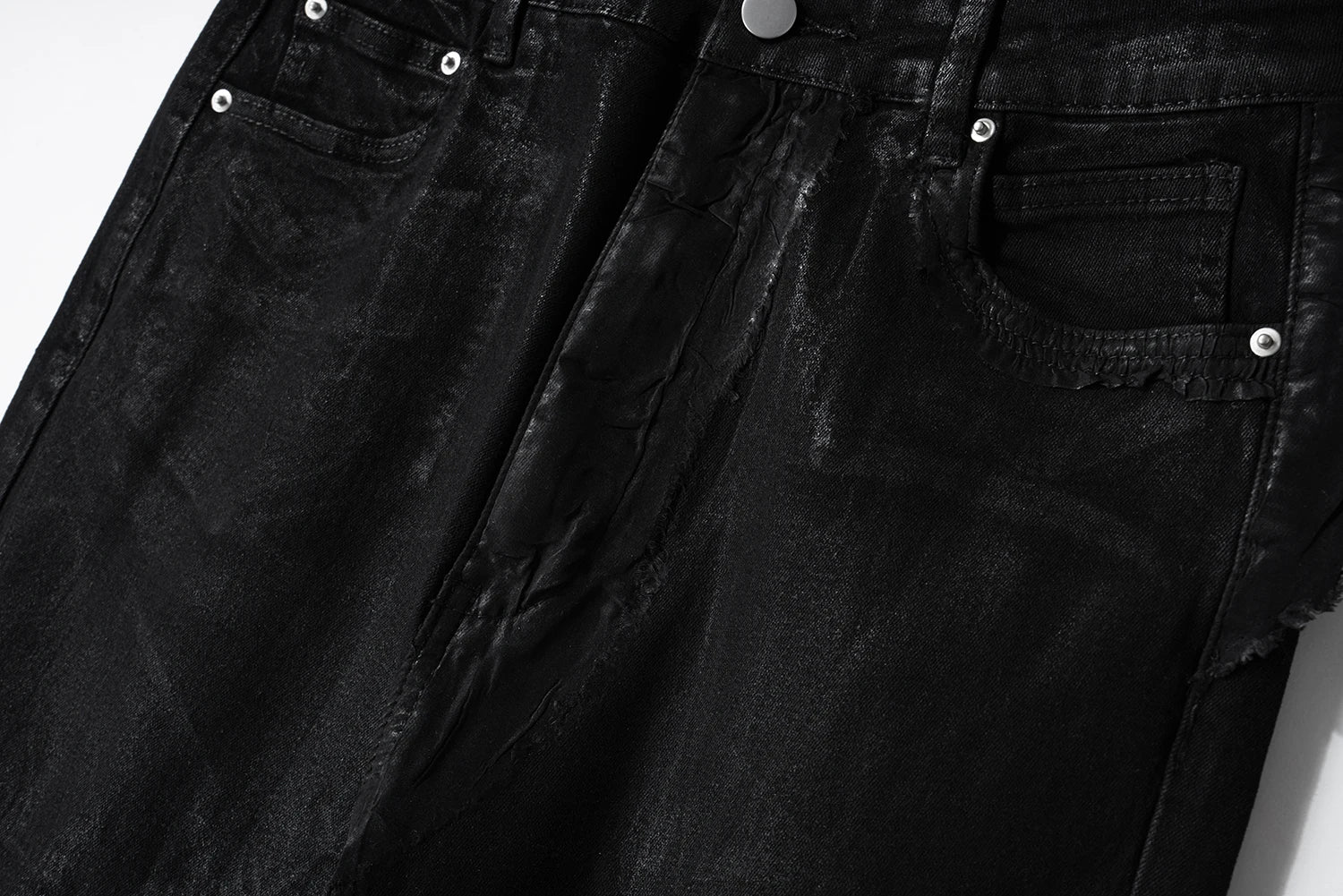 Black Patched Cerated Stacked Jeans