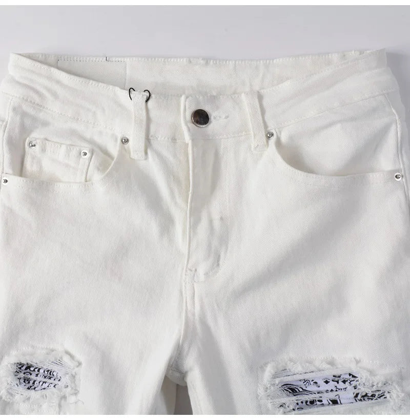 White Bandana Patchwork Slim Fit Jeans