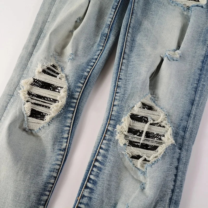 Black Bandana Patchwork Light Blue Skinny Jeans