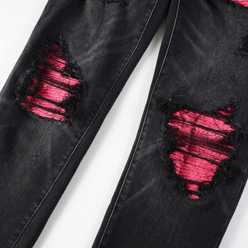 Pink Leather Patchwork Black Skinny Jeans