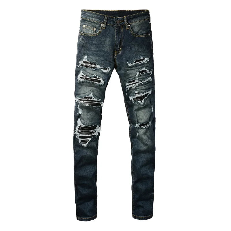 Dark Blue Ripped & Repaired Leather Skinny Jeans