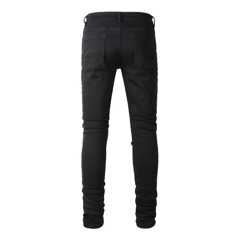 Dark Leather Patchwork Skinny Jeans