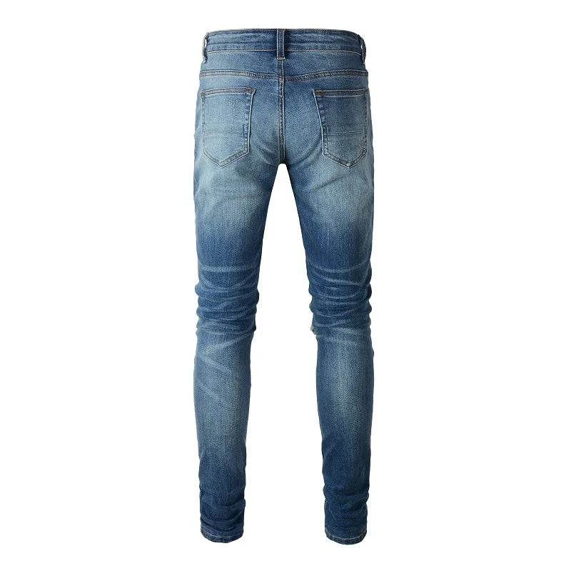 Black Leather Patchwork Blue Skinny Jeans