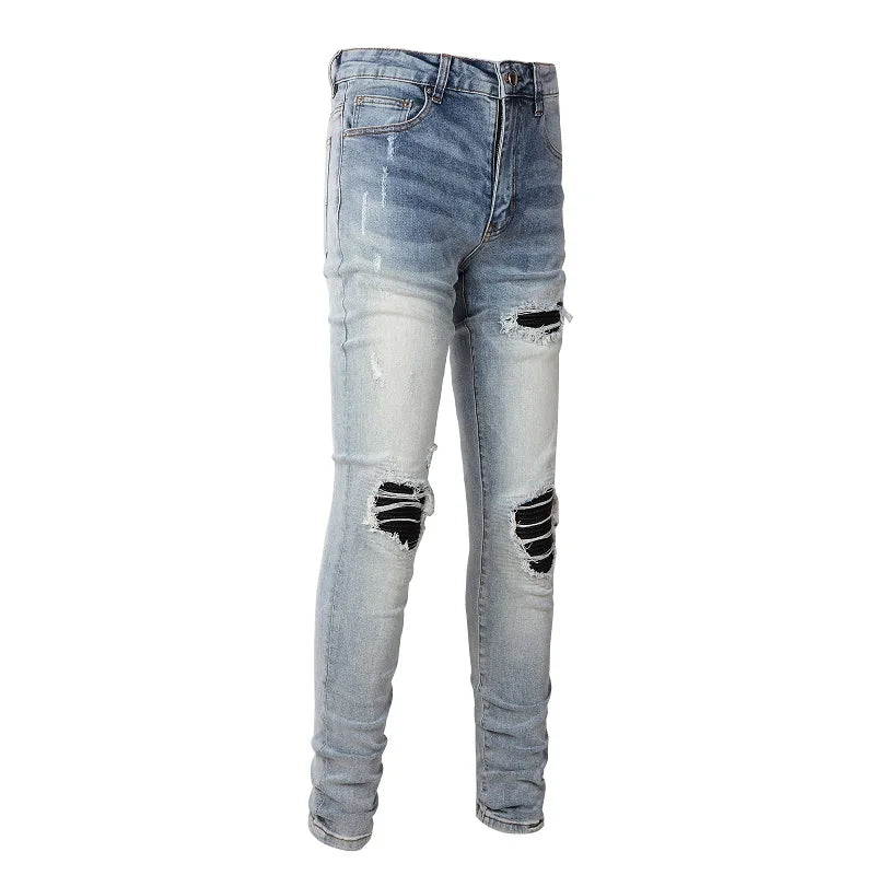 Black Leather Patchwork Vintage Blue Skinny Jeans