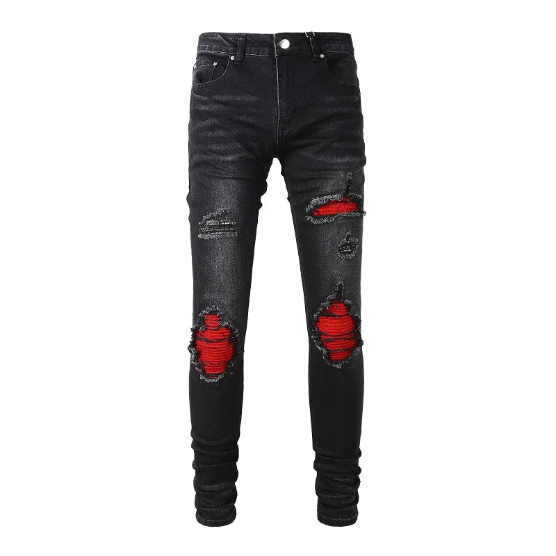 Red Patchwork Skinny Jeans