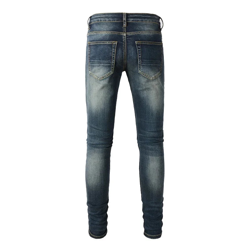 Dark Blue Ripped & Repaired Leather Skinny Jeans