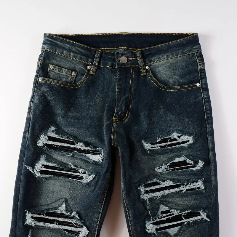 Dark Blue Ripped & Repaired Leather Skinny Jeans