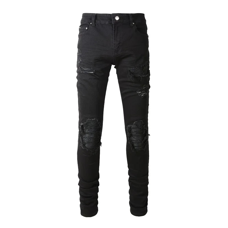 Dark Leather Patchwork Skinny Jeans