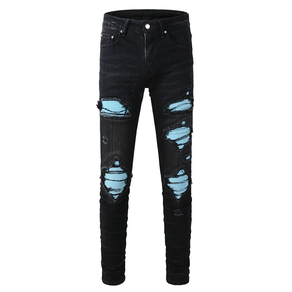 Ice Blue Patchwork Skinny Jeans