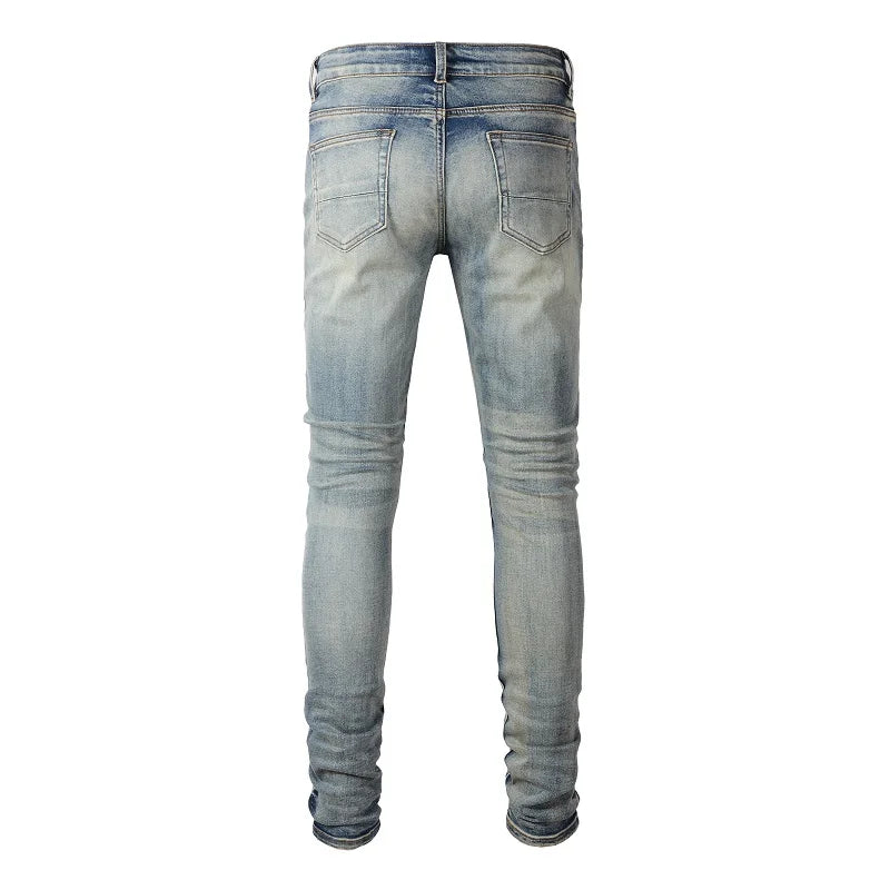 Pink Leather Patchwork Vintage Blue Skinny Jeans