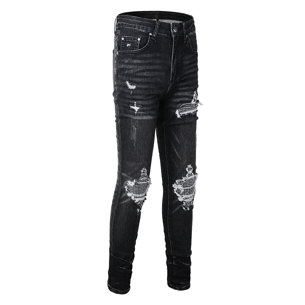 Diamond Patchwork Black Skinny Jeans