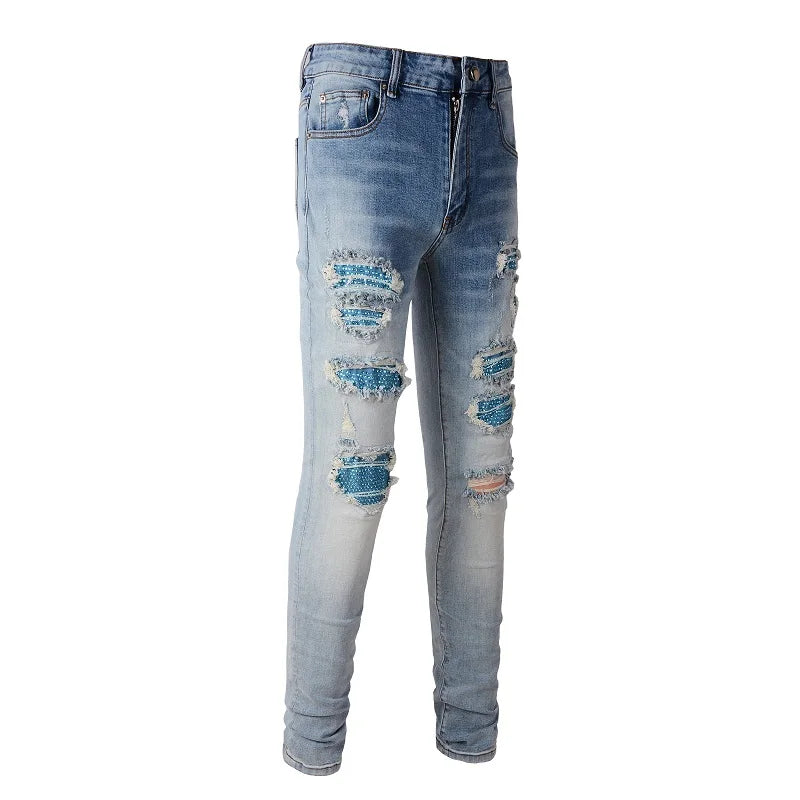 Light Blue Diamond Painted Skinny Jeans