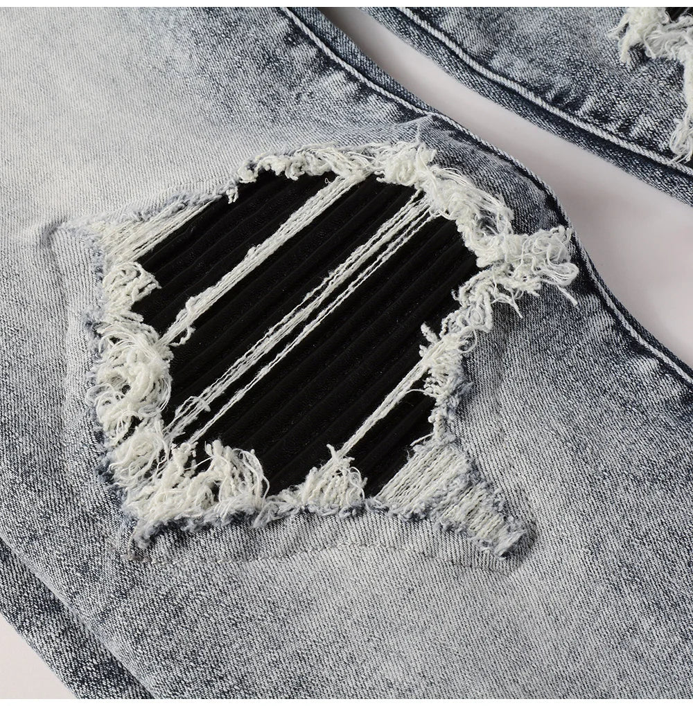 Black Leather Patchwork Light Gray Skinny Jeans