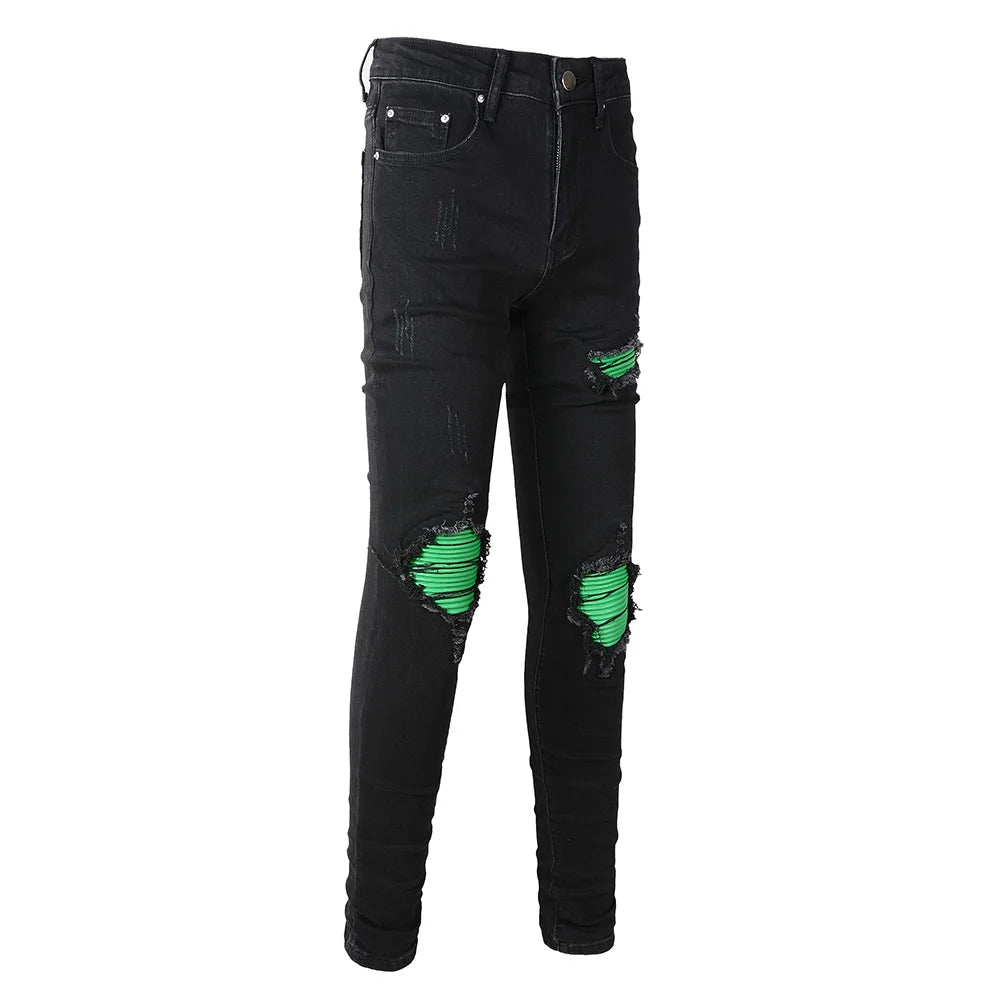 Neon Green Leather Patchwork Skinny Jeans