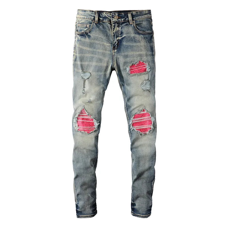 Pink Leather Patchwork Vintage Blue Skinny Jeans