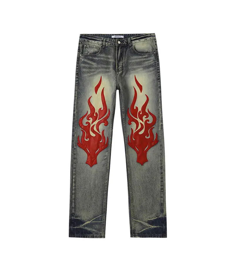 Red Embroidered Relaxed Jeans