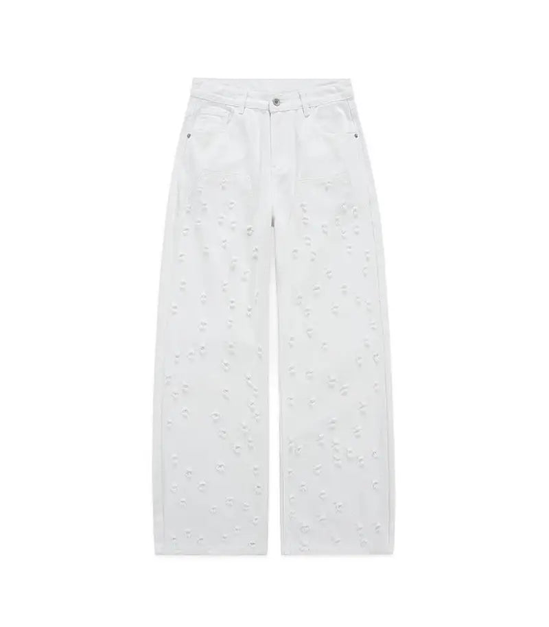 White Perforated Relaxed Loose Jeans