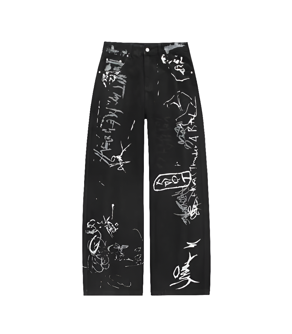 Black Hand Painted Graffiti Relaxed Loose Jeans