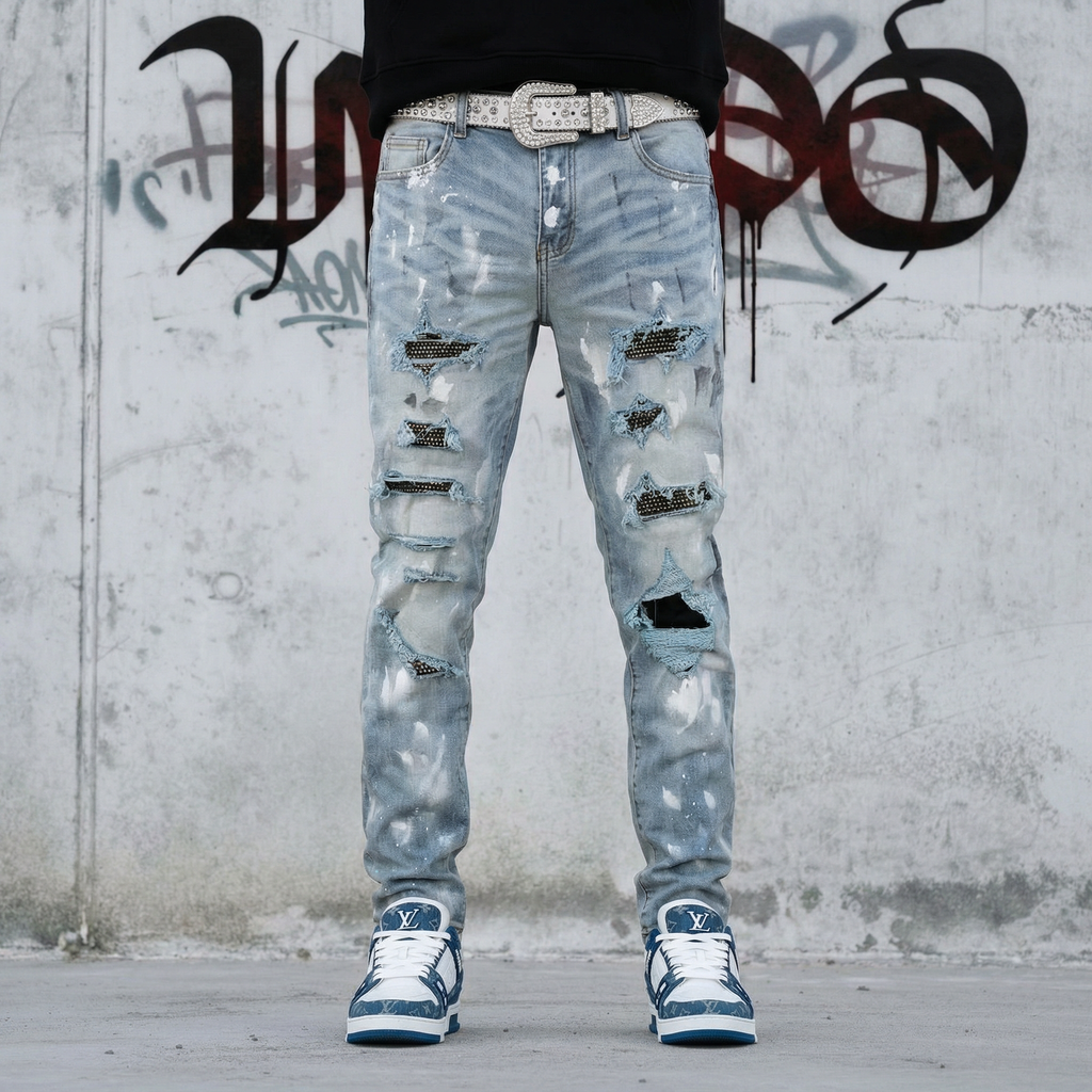 Black Diamond Painted Light Blue Skinny Jeans